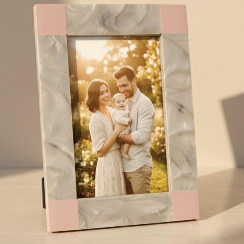 Handmade Resin Photo Frame | Pink & White Decorative Picture Frame | Modern Home Décor