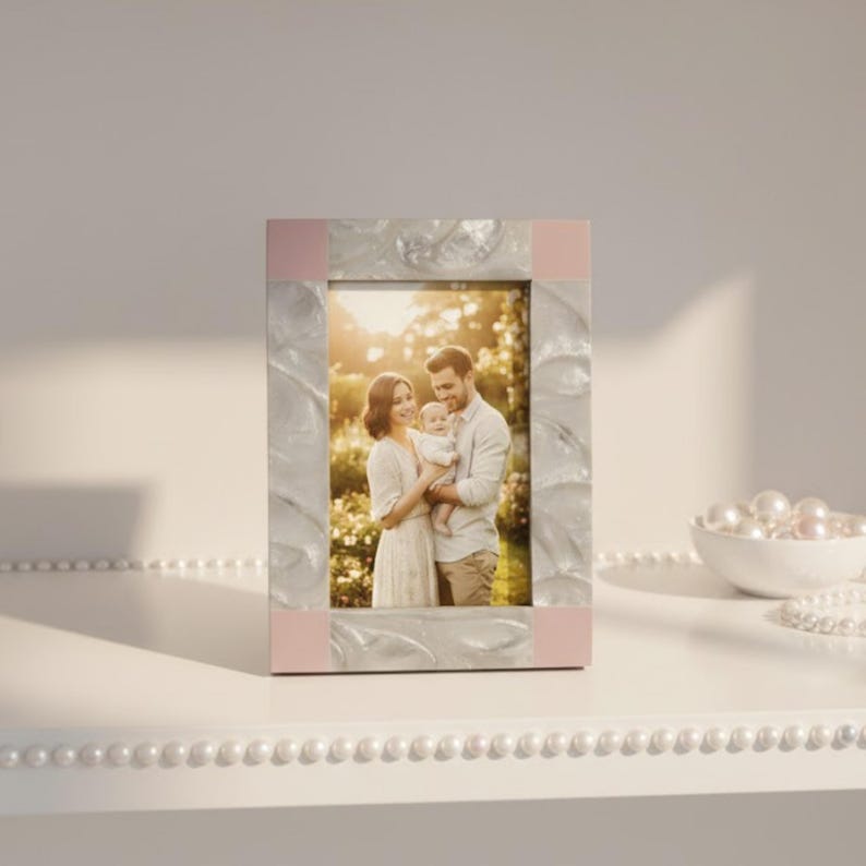 Handmade Resin Photo Frame | Pink & White Decorative Picture Frame | Modern Home Décor