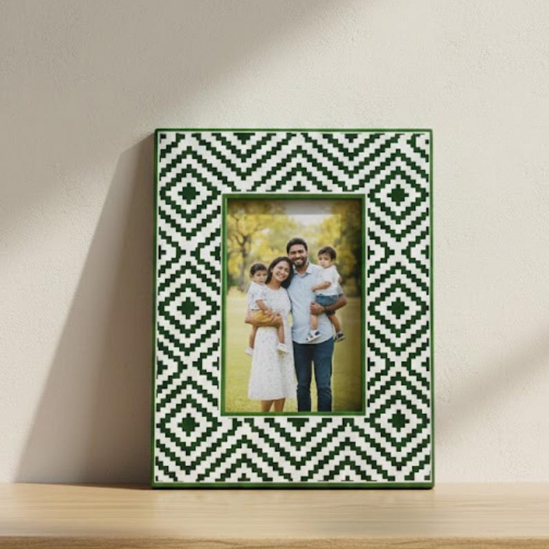 Handmade Resin Photo Frame | Green Geometric Mosaic Home Decor