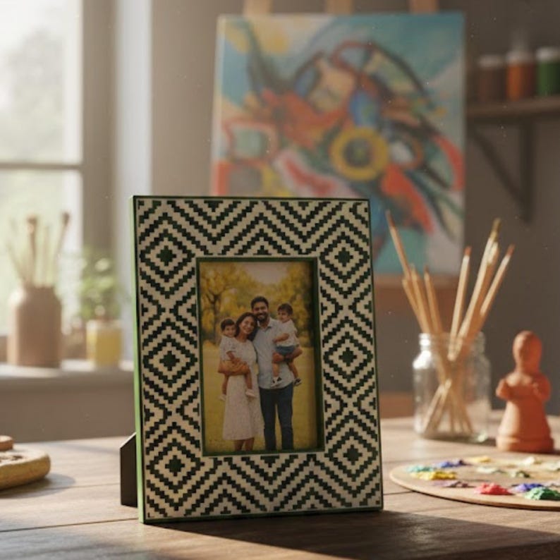 Handmade Resin Photo Frame | Green Geometric Mosaic Home Decor