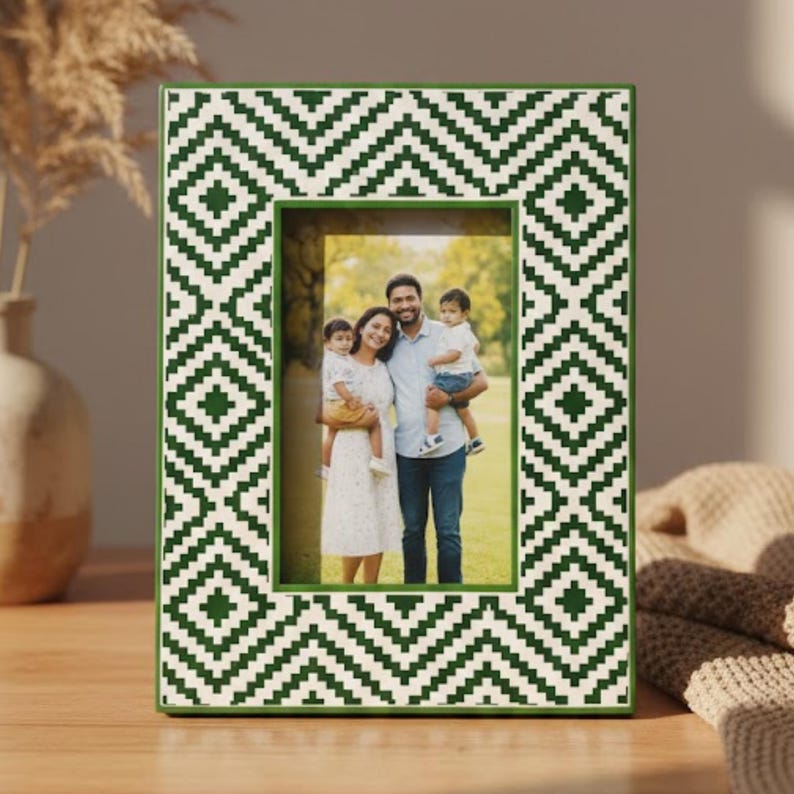 Handmade Resin Photo Frame | Green Geometric Mosaic Home Decor