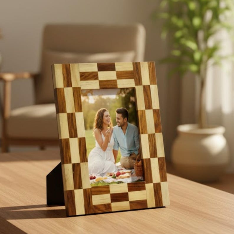 Handmade Wooden Inlay Photo Frame | Checkerboard Pattern | Rustic Modern Home Décor