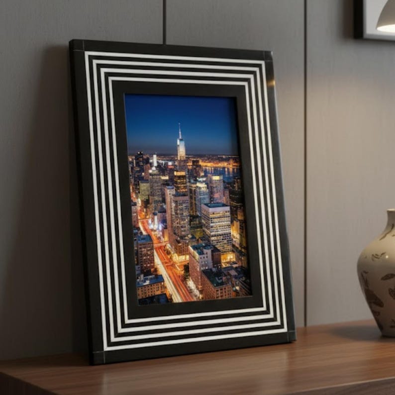 Bone Inlay & Resin Photo Frame | Black White Striped Design | Handmade Home Décor