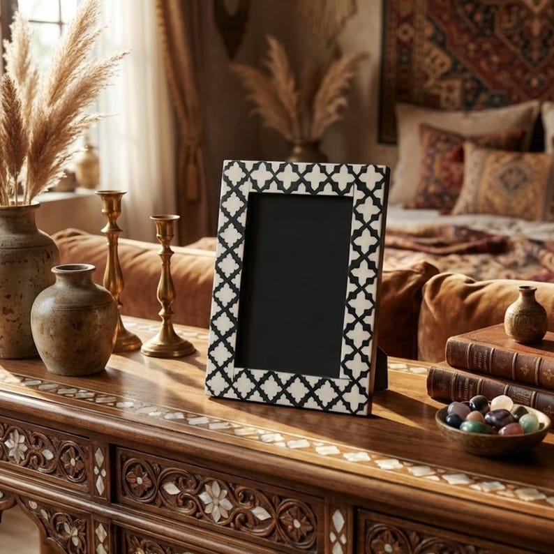 Handmade Bone Inlay Photo Frame | Green Resin Decorative Picture Frame | Boho Home Decor Gift
