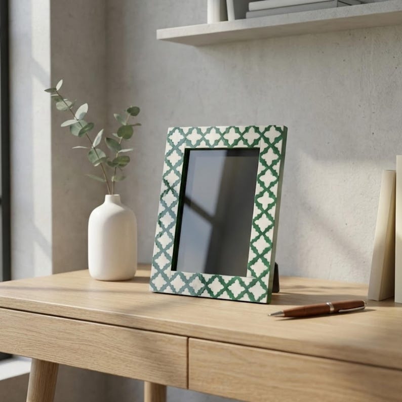 Handmade Bone Inlay Photo Frame | Green Resin Decorative Picture Frame | Boho Home Decor Gift