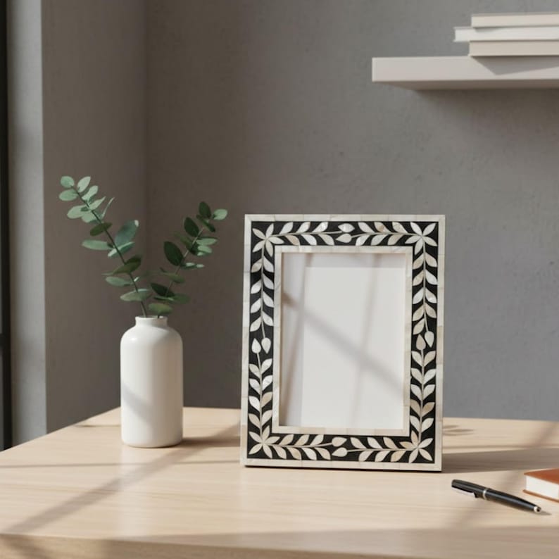 Mother of Pearl Inlay Photo Frame | Black & White Resin Picture Frame | Luxury Home Decor