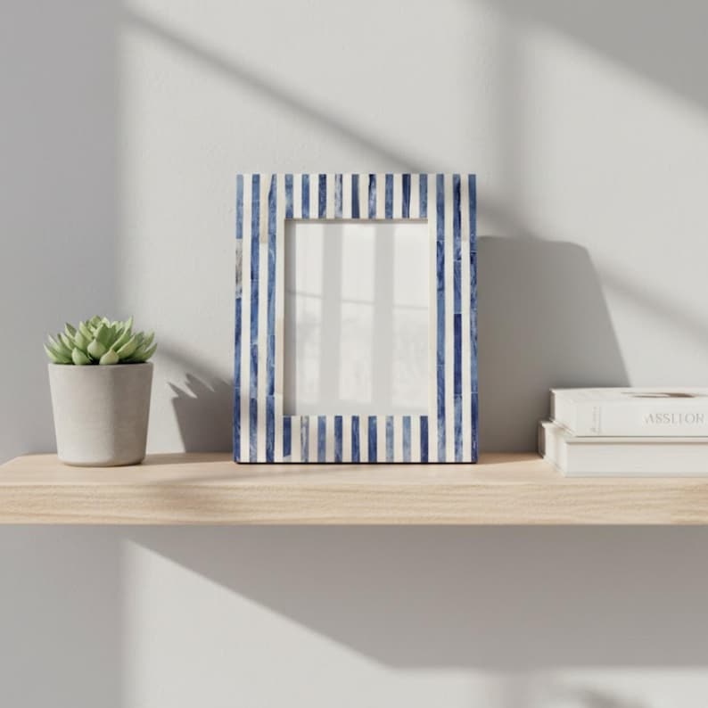 Blue Bone Inlay Photo Frame | Handmade Striped Picture Frame | Coastal Home Décor