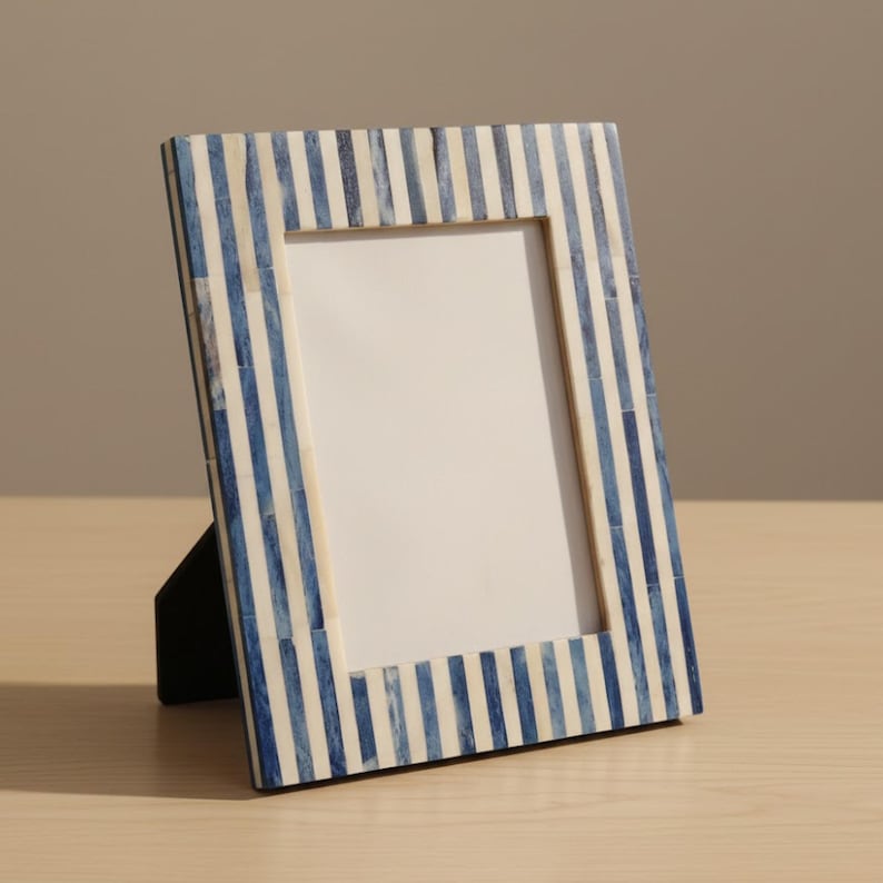 Blue Bone Inlay Photo Frame | Handmade Striped Picture Frame | Coastal Home Décor