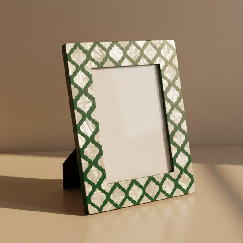 Mother of Pearl Inlay Photo Frame | Green Resin Geometric Frame | Handmade Home Decor