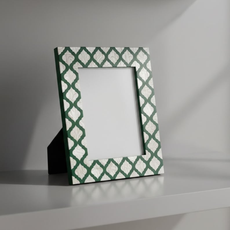 Mother of Pearl Inlay Photo Frame | Green Resin Geometric Frame | Handmade Home Decor