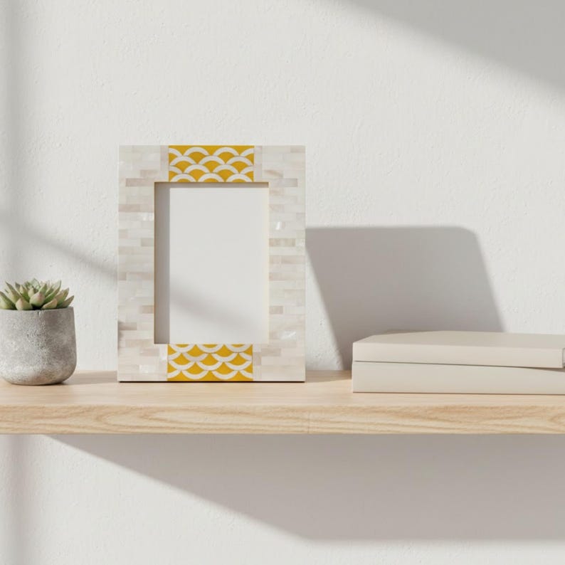 Mother of Pearl Inlay Photo Frame | Navy Resin Wave Pattern | Handmade Luxury Decor