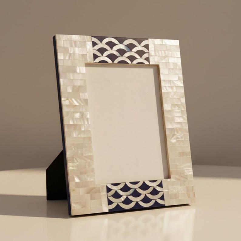 Mother of Pearl Inlay Photo Frame | Navy Resin Wave Pattern | Handmade Luxury Decor