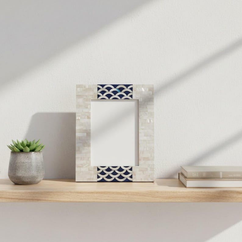 Mother of Pearl Inlay Photo Frame | Navy Resin Wave Pattern | Handmade Luxury Decor