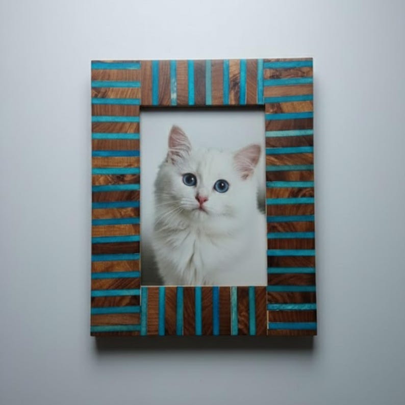 Handmade Wooden Inlay & Resin Photo Frame – Modern Blue Accent Picture Frame