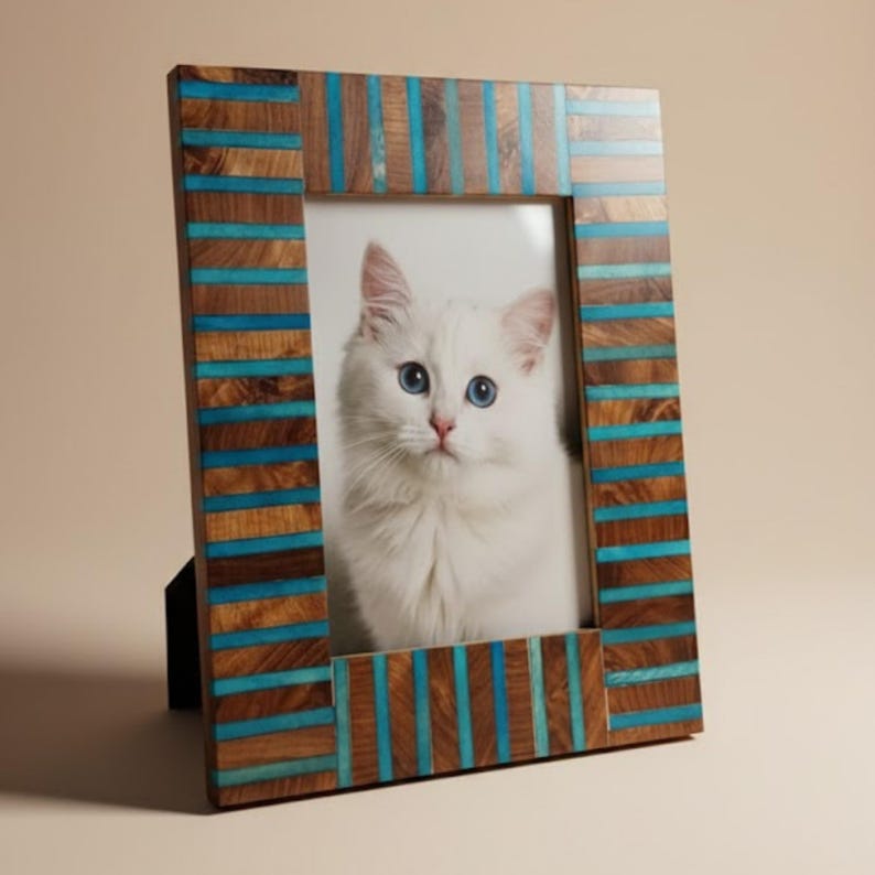 Handmade Wooden Inlay & Resin Photo Frame – Modern Blue Accent Picture Frame