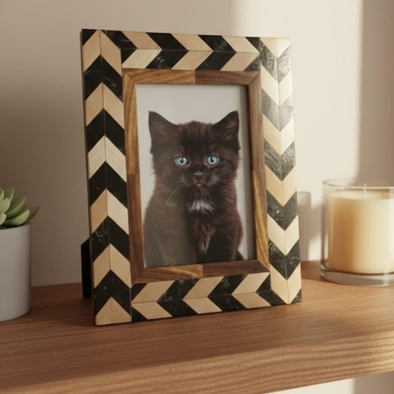 Handmade Wooden Inlay & Resin Photo Frame – Chevron Design Picture Frame