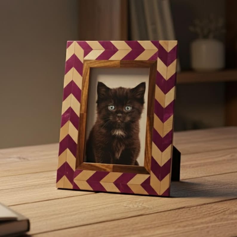 Handmade Wooden Inlay & Resin Photo Frame – Chevron Design Picture Frame