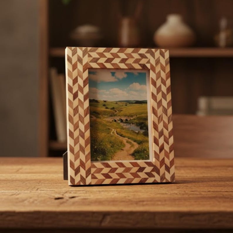 Handmade Wooden Inlay Photo Frame | Chevron Pattern Picture Frame | Handcrafted Home Décor
