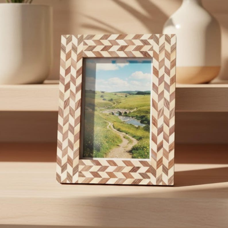 Handmade Wooden Inlay Photo Frame | Chevron Pattern Picture Frame | Handcrafted Home Décor