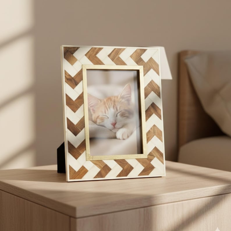 Handmade Wooden & Bone Inlay Photo Frame | Chevron Pattern Decor | Wooden Handmade Home Decor