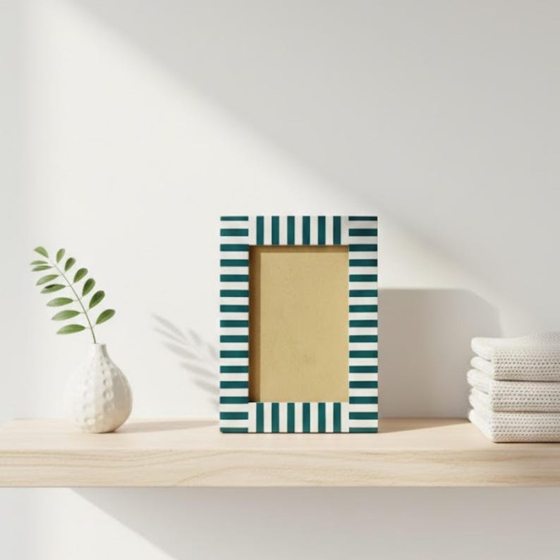 Bone Inlay Striped Photo Frame | Green & White Resin Frame | Handmade Home Décor