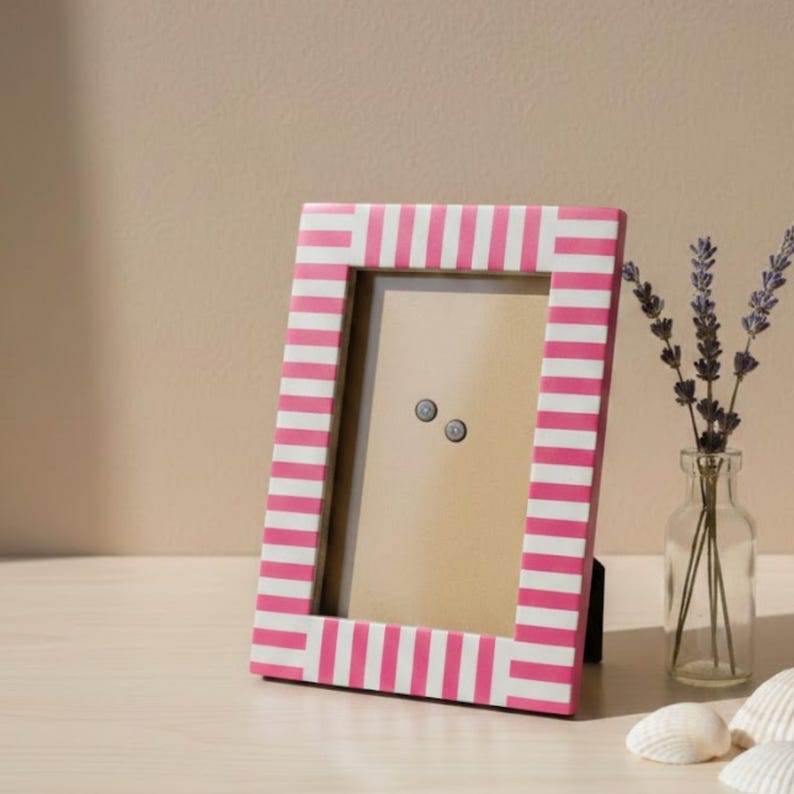 Bone Inlay Striped Photo Frame | Green & White Resin Frame | Handmade Home Décor