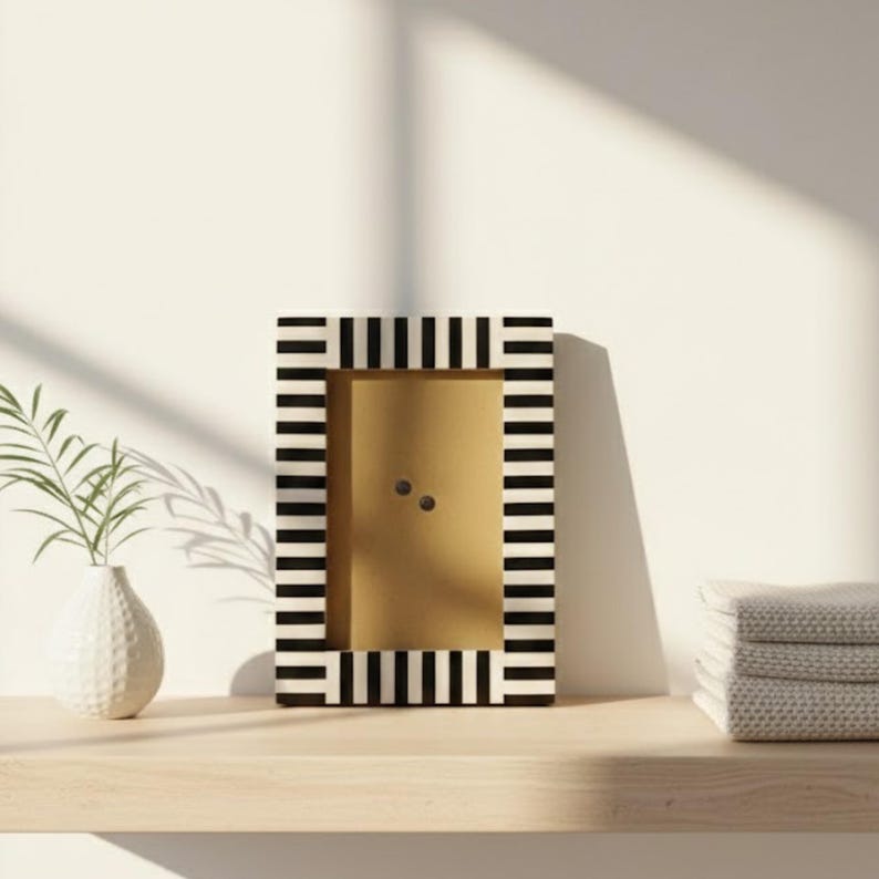 Bone Inlay Striped Photo Frame | Green & White Resin Frame | Handmade Home Décor