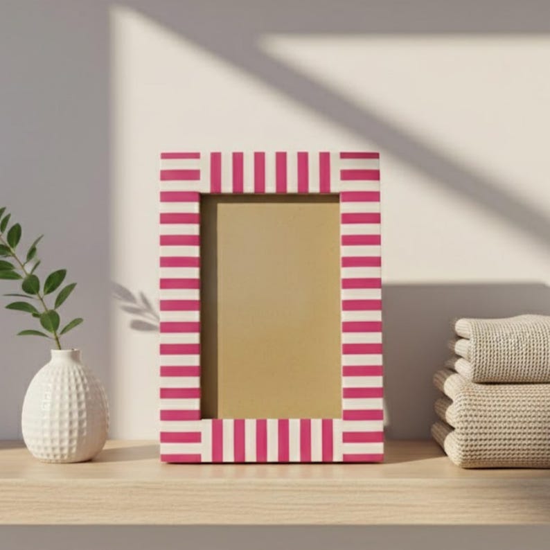 Bone Inlay Striped Photo Frame | Green & White Resin Frame | Handmade Home Décor
