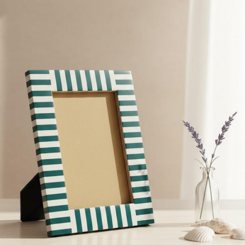 Bone Inlay Striped Photo Frame | Green & White Resin Frame | Handmade Home Décor