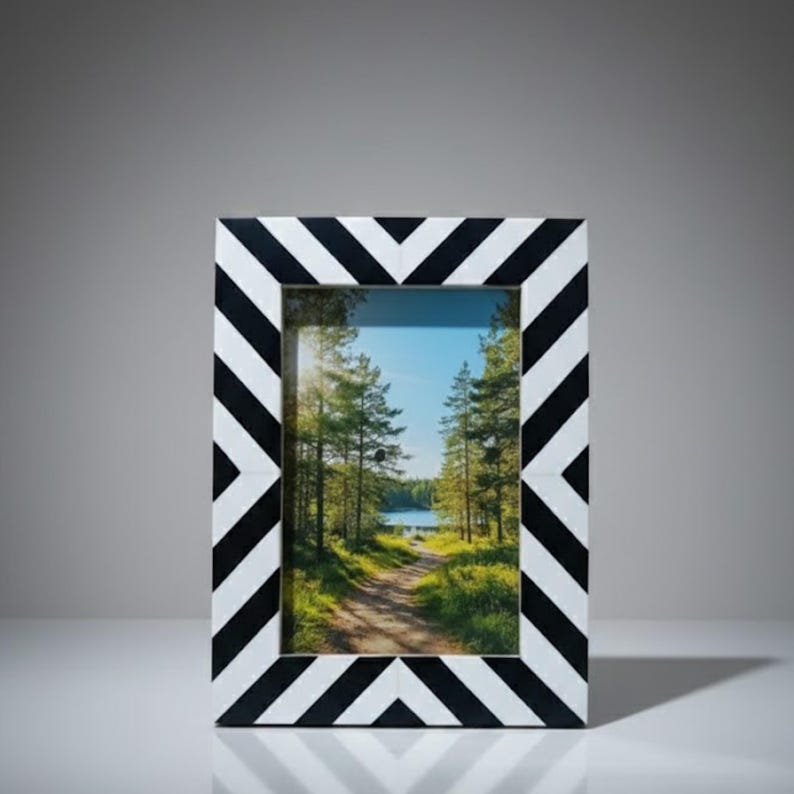 Bone Inlay Chevron Photo Frame | Black & White Resin Frame | Handmade Modern Décor