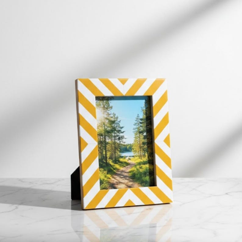 Bone Inlay Chevron Photo Frame | Black & White Resin Frame | Handmade Modern Décor