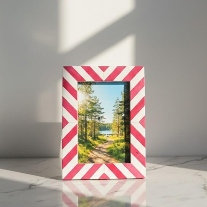 Bone Inlay Chevron Photo Frame | Black & White Resin Frame | Handmade Modern Décor