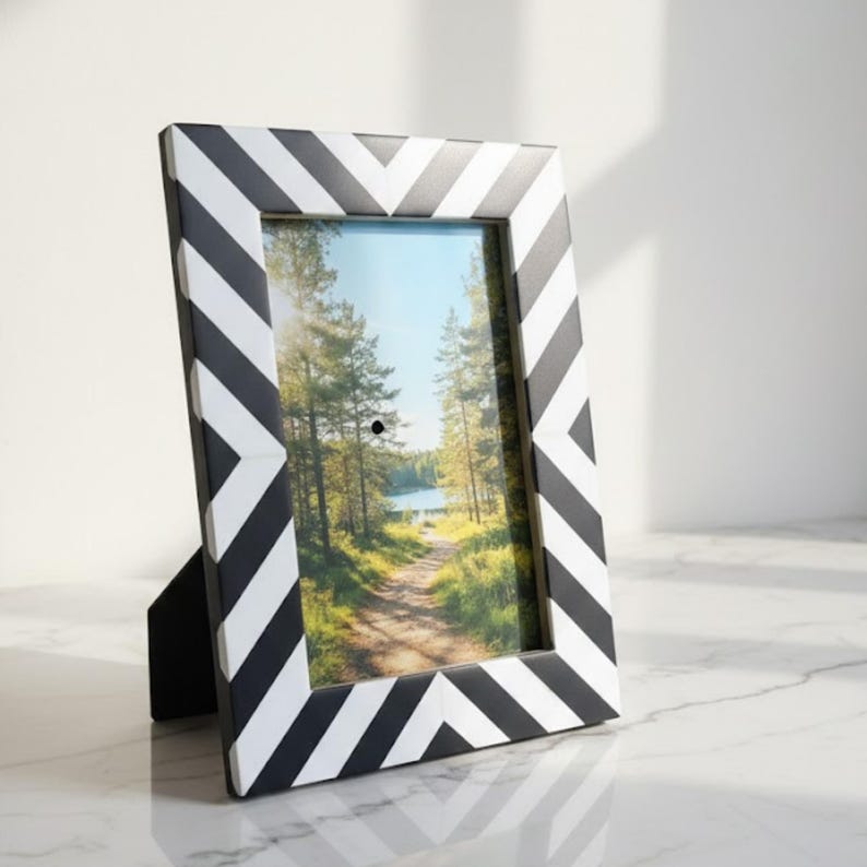 Bone Inlay Chevron Photo Frame | Black & White Resin Frame | Handmade Modern Décor