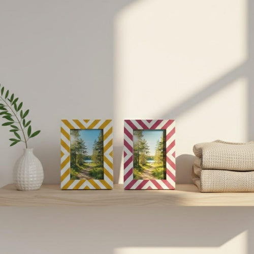 Bone Inlay Chevron Photo Frame | Black & White Resin Frame | Handmade Modern Décor
