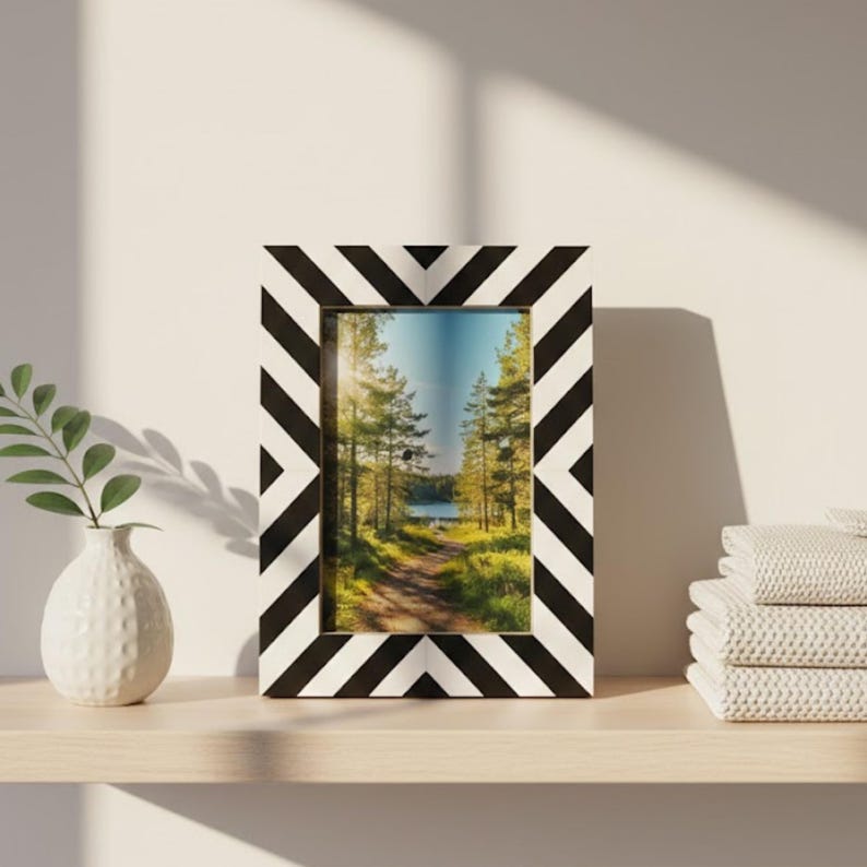 Bone Inlay Chevron Photo Frame | Black & White Resin Frame | Handmade Modern Décor