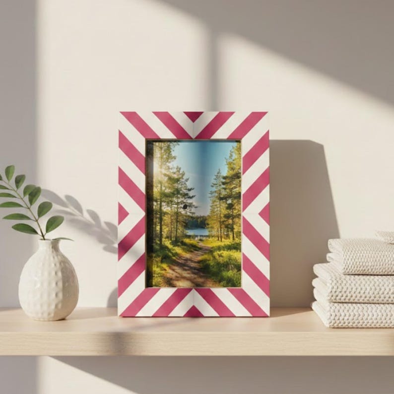 Bone Inlay Chevron Photo Frame | Black & White Resin Frame | Handmade Modern Décor