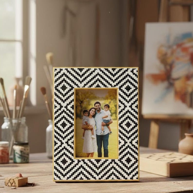 Handmade Resin Photo Frame | Green Geometric Mosaic Home Decor