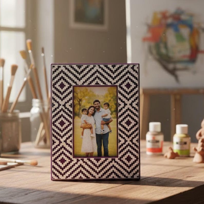 Handmade Resin Photo Frame | Green Geometric Mosaic Home Decor