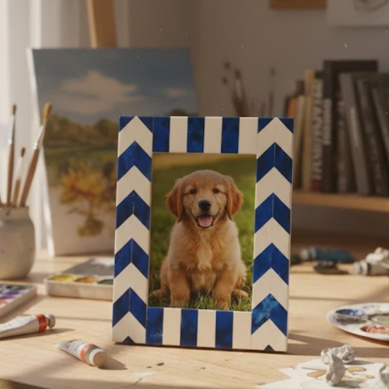 Bone Inlay & Resin Photo Frame | Blue Chevron Picture Frame | Handmade Home Décor