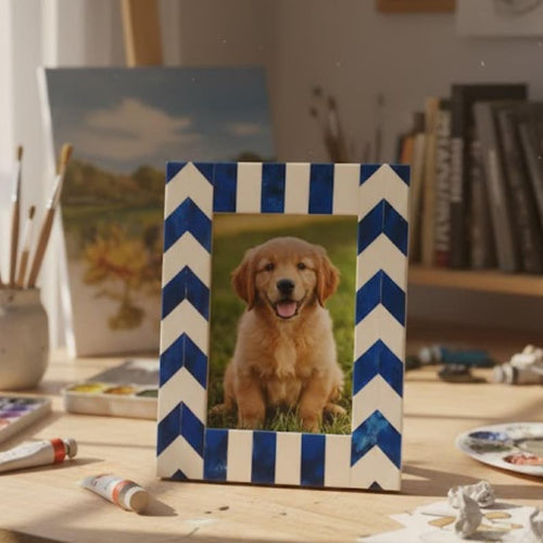 Bone Inlay & Resin Photo Frame | Blue Chevron Picture Frame | Handmade Home Décor