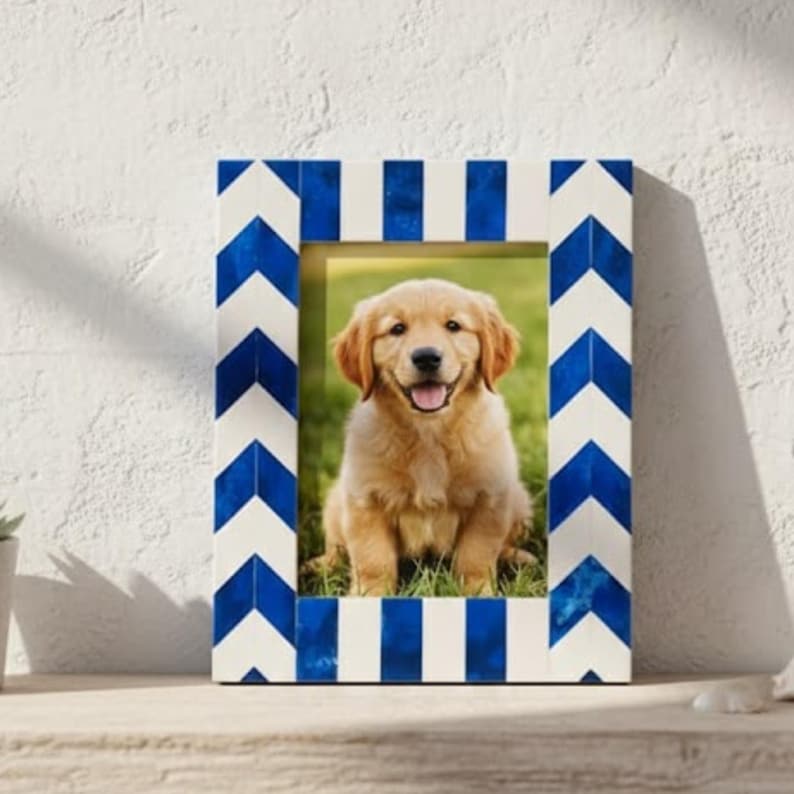 Bone Inlay & Resin Photo Frame | Blue Chevron Picture Frame | Handmade Home Décor