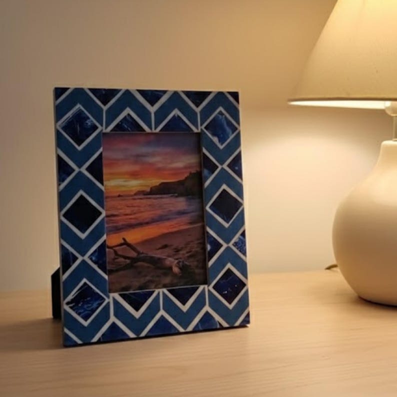 Handmade Resin Inlay Photo Frame | Geometric Blue Pattern Picture Frame | Modern Home Decor Accent