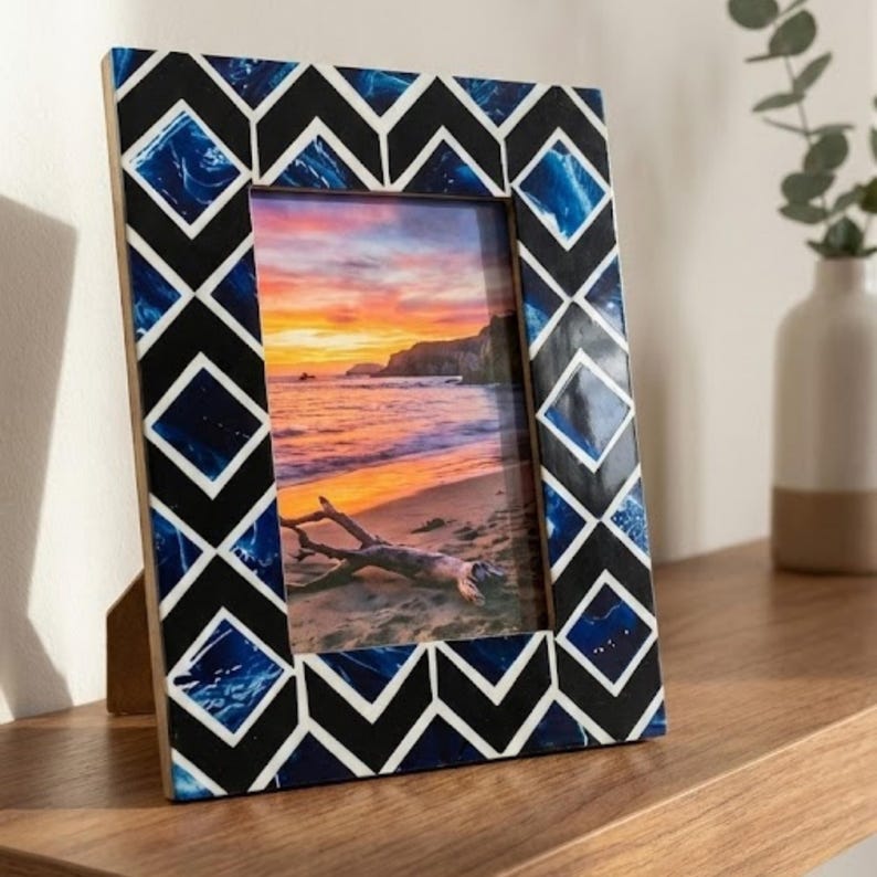 Handmade Resin Inlay Photo Frame | Geometric Blue Pattern Picture Frame | Modern Home Decor Accent