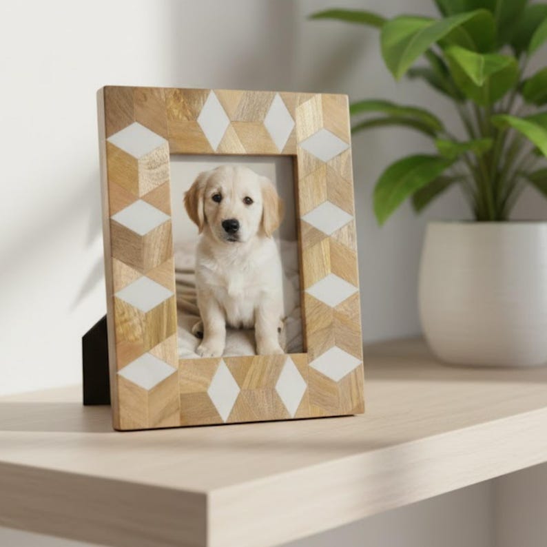 Wood & Bone Inlay Photo Frame | Handmade Geometric Picture Frame | Natural Home Décor