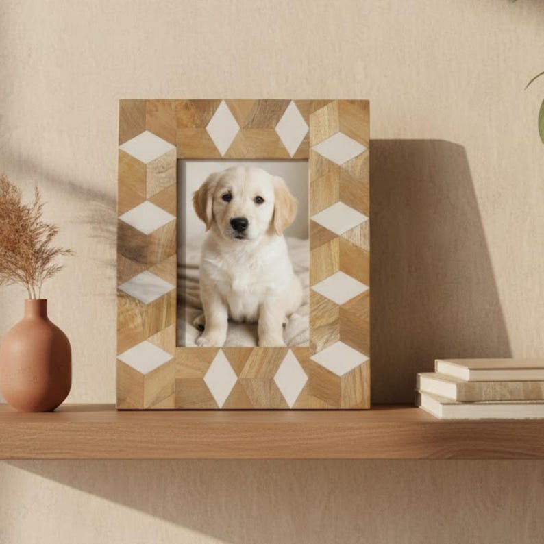 Wood & Bone Inlay Photo Frame | Handmade Geometric Picture Frame | Natural Home Décor