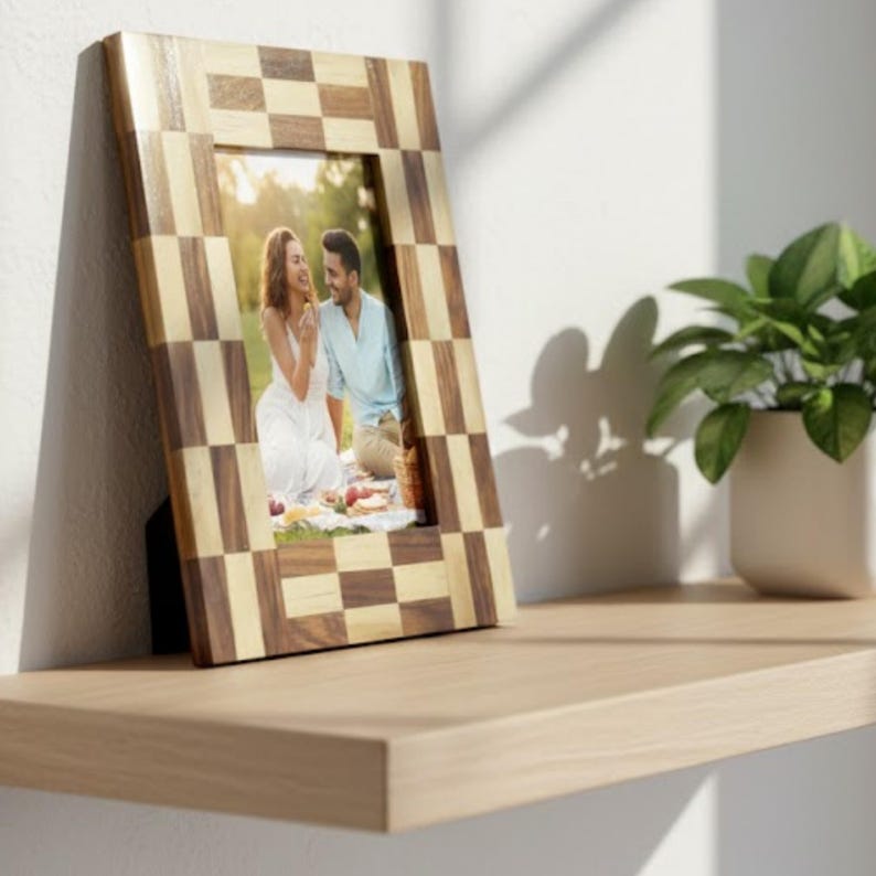 Handmade Wooden Inlay Photo Frame | Checkerboard Pattern | Rustic Modern Home Décor