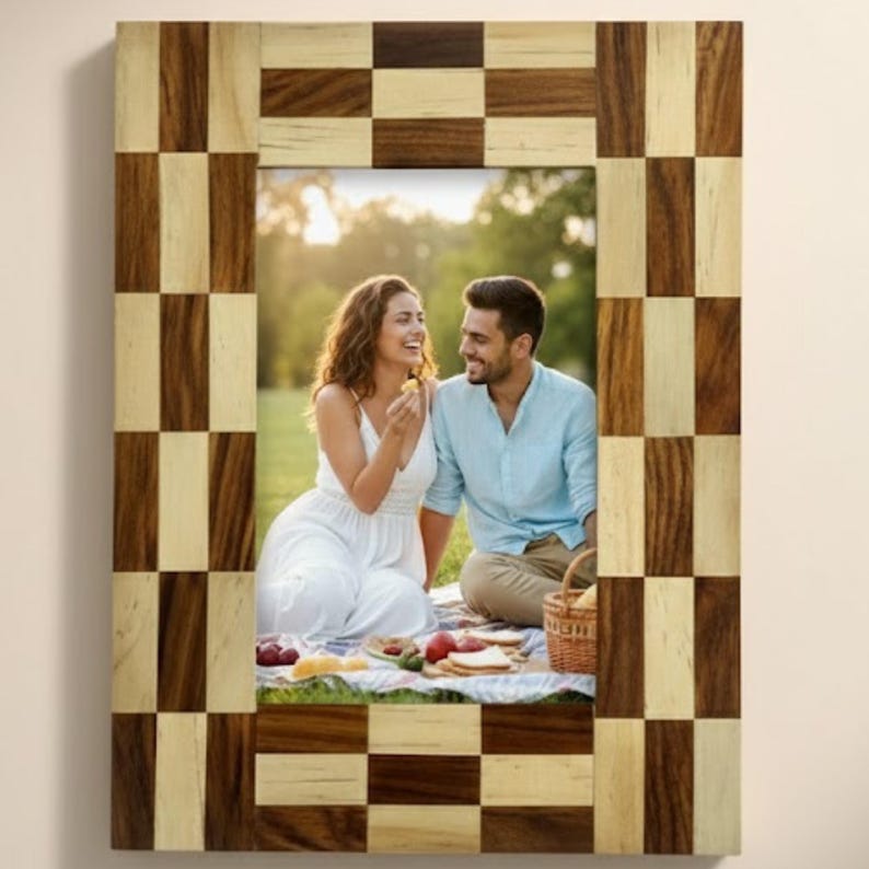 Handmade Wooden Inlay Photo Frame | Checkerboard Pattern | Rustic Modern Home Décor