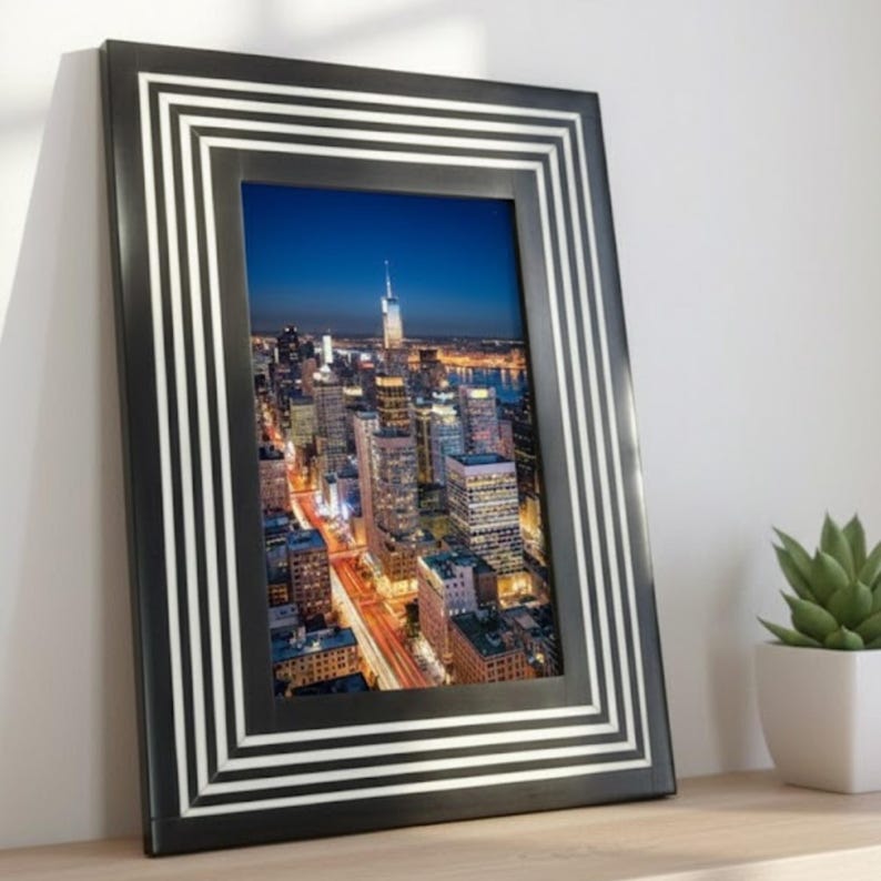 Bone Inlay & Resin Photo Frame | Black White Striped Design | Handmade Home Décor
