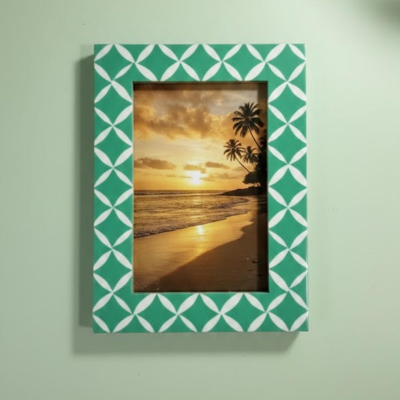 Bone Inlay & Resin Photo Frame | Green Geometric Pattern | Handmade Home Décor