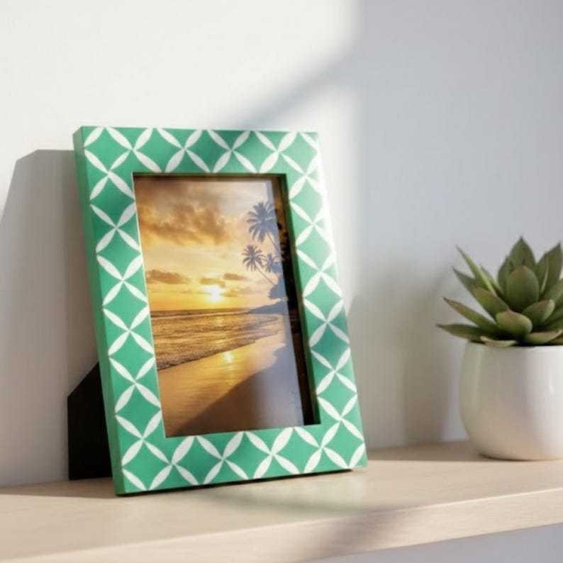 Bone Inlay & Resin Photo Frame | Green Geometric Pattern | Handmade Home Décor